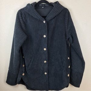 Rib-Velour Dark Gray Button Up Open Front Hooded Shacket Pockets Size 2XL